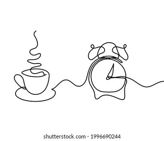 Abstract alarm clock with hot drink as line drawing on white background. Vector