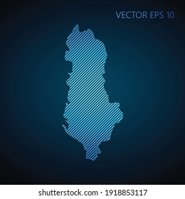 Resumen de la plantilla de mapa de Albania hecha de líneas diagonales azules sobre fondo oscuro. Ilustración del vector EPS10.