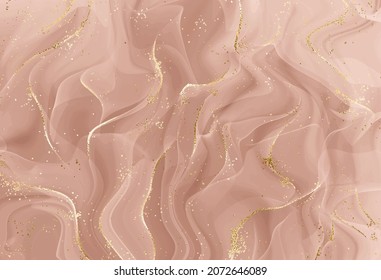 Abstract alcohol ink painting background with gold waves and glitter dust.