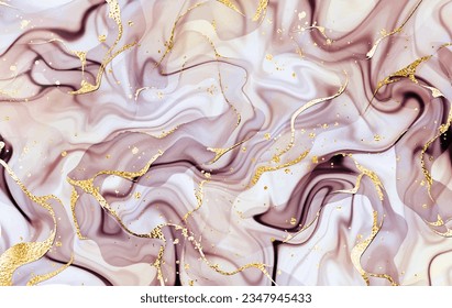 Abstract alcohol ink painting background texture with gold waves and splatter.