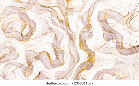 Abstract alcohol ink painting background texture with gold waves and glitter dust.