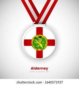 Abstract Alderney country flag on medal vector. Happy Alderney  day background with creative typography.