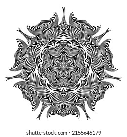 Abstract alien flower made in several lines. Optical illusion, zebra pattern. An unusual vector illustration in black, isolated on a white background. Mandala. The author's drawing.