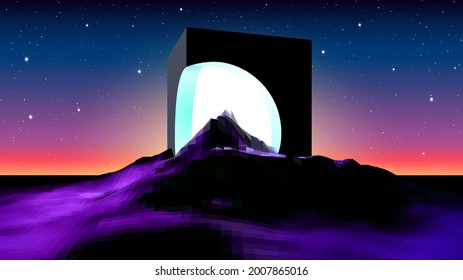 Abstract alien landscape with mysterious ruins of cube building and shiny light inside. Science fiction space landscape in 80s style