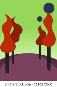 Abstract alien landscape, purple grass and red trees. Vector illustration