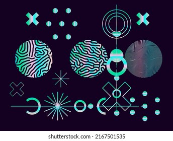 Abstract alien-like mysterious holographic symbols on dark background.
