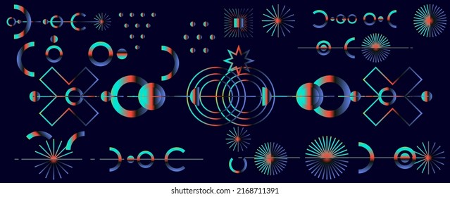 Abstract alien-like mysterious holographic symbols on dark background.