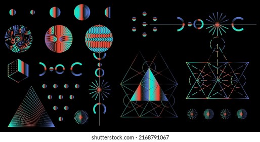 Abstract alien-like mysterious holographic symbols on dark background.