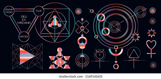 Abstract alien-like mysterious holographic symbols on dark background.