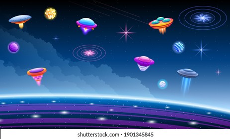 Abstract Aliens On Flying Saucers In Dark Space Planet Background Gradient Unidentified Flying Object Ufo Stars Clouds Vector Design Style