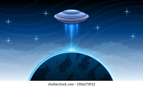 Abstrakte Aliens auf fliegenden Sauerkräften auf dunklem Planet-Hintergrund, strahlendes, nicht identifiziertes, flying object Ufo Stars Vektordesign-Stil