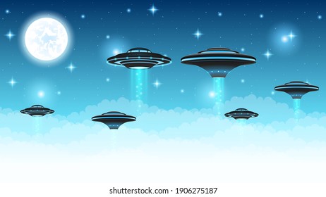 Abstract Aliens On Flying Saucers Dark Background Gradient Unidentified Flying Object Ufo Clouds Vector Design Style