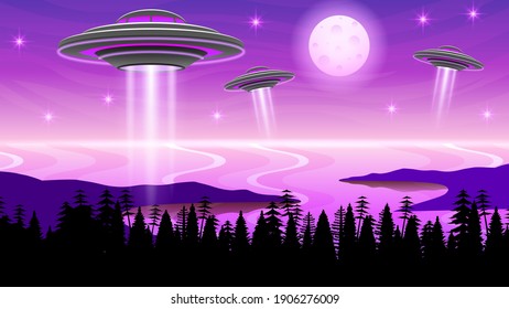 Abstract Aliens On Flying Saucers Dark Background Lake Water Gradient Unidentified Flying Object Ufo Forest Vector Design Style
