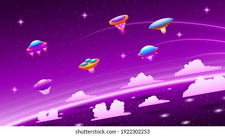 Abstract Aliens On Flying Saucers In Dark Space Planet Background Gradient Unidentified Flying Object Ufo Stars Clouds Vector Design Style