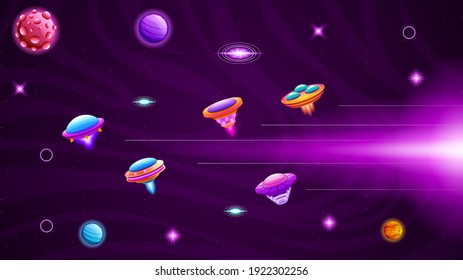 Abstract Aliens On Flying Saucers In Dark Space Planet Background Gradient Unidentified Flying Object Ufo Stars Clouds Vector Design Style