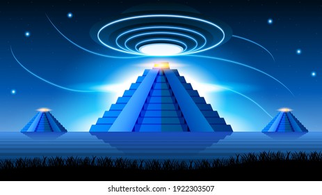 Abstract Aliens On Flying Saucers In Dark Background Gradient Unidentified Flying Object Ufo Stars Pyramids Vector Design Style