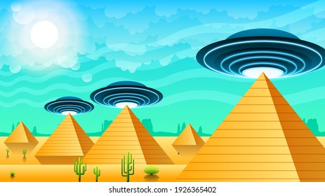 Abstract Aliens On Flying Saucers Background Gradient Unidentified Flying Object Ufo Pyramids Desert Sand Vector Design Style