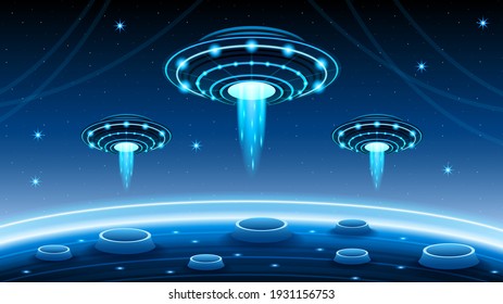 Abstract Aliens On Flying Saucers In Dark Space Planet Background Gradient Unidentified Flying Object Ufo Stars Vector Design Style