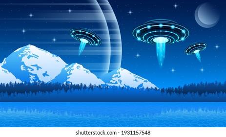 Abstract Aliens On Flying Saucers Mountains Moon Forest Water Background Gradient Unidentified Flying Object Ufo Stars Vector Design Style
