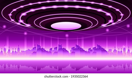 Abstract Aliens On Flying Saucers In Dark Background Gradient City Town Unidentified Flying Object Ufo Vector Design Style