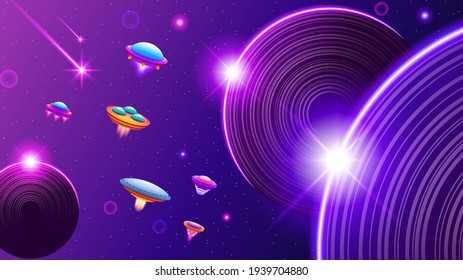 Abstract Aliens On Flying Saucers In Dark Space Planet Background Gradient Unidentified Flying Object Ufo Stars Vector Design Style