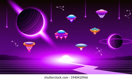 Abstract Aliens On Flying Saucers In Dark Space Planet Background Gradient Unidentified Flying Object Ufo Stars Vector Design Style