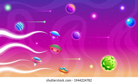 Abstract Aliens On Flying Saucers In Dark Space Planet Background Gradient Unidentified Flying Object Ufo Stars Clouds Vector Design Style