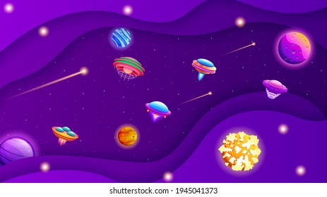 Abstract Aliens On Flying Saucers In Dark Space Planet Background Gradient Unidentified Flying Object Ufo Stars Vector Design Style