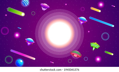 Abstract Aliens On Flying Saucers In Dark Space Planet Background Gradient Unidentified Flying Object Ufo Stars Vector Design Style