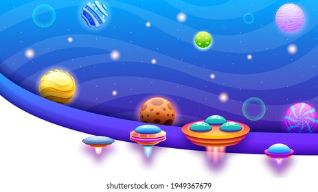 Abstract Aliens On Flying Saucers In Dark Space Planet Background Gradient Unidentified Flying Object Ufo Stars Vector Design Style