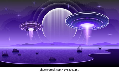 Abstract Aliens On Flying Saucers In Dark Background Gradient Unidentified Flying Object Ufo Stars Clouds Vector Design Style