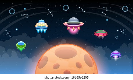 Abstract Aliens On Flying Saucers In Dark Space Constellations Planet Background Gradient Unidentified Flying Object Ufo Stars Vector Design Style