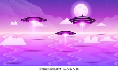 Abstract Aliens On Flying Saucers Moon Water Background Gradient Unidentified Flying Object Ufo Stars Vector Design Style