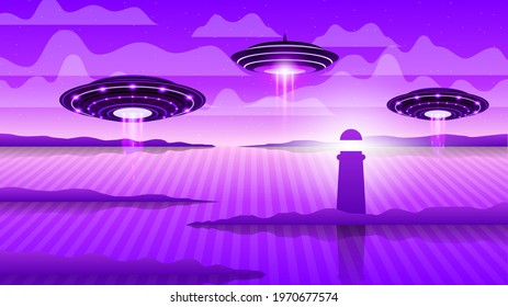 Abstract Aliens On Flying Saucers Mountains Clouds Water 
Lighthouse Background Gradient Unidentified Flying Object Ufo Stars Vector Design Style