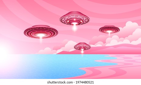 Abstract Aliens On Flying Saucers Background Lake Water Gradient Unidentified Flying Object Ufo Forest Vector Design Style