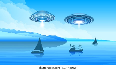 Abstract Aliens On Flying Saucers Background Lake Water Gradient Unidentified Flying Object Ufo Forest Vector Design Style