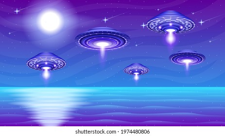 Abstract Aliens On Flying Saucers Dark Background Lake Water Gradient Unidentified Flying Object Ufo Forest Vector Design Style