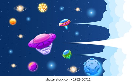 Abstract Aliens On Flying Saucers Dark Background Gradient Unidentified Flying Object Ufo Clouds Vector Design Style
