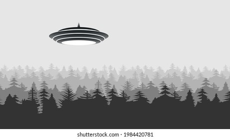 Abstract Aliens On Flying Saucers Background Unidentified Flying Object World Ufo Day Forest Monochrome Vector Design Style