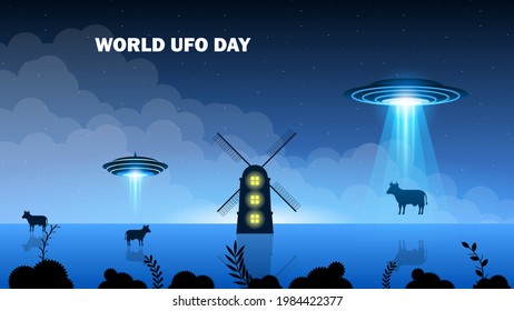 Abstract Aliens On Flying Saucers Background Gradient Unidentified Flying Object World Ufo Day Mill Cow Landscape Vector Design Style