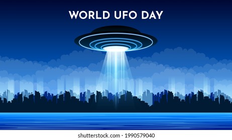 Abstract Aliens On Flying Saucers Background Gradient Unidentified Flying Object World Ufo Day City Landscape Vector Design Style