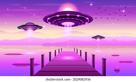 Abstract Aliens On Flying Saucers Mountains Water Pier Background Gradient Unidentified Flying Object Ufo Stars Vector Design Style Landscape