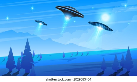 Abstract Aliens On Flying Saucers Mountains Clouds Trees Moon Background Gradient Unidentified Flying Object Ufo Stars Vector Design Style Landscape