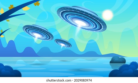 Abstract Aliens On Flying Saucers Mountains Clouds Water Tree Sun Bushes Background Gradient Unidentified Flying Object Ufo Stars Vector Design Style Landscape