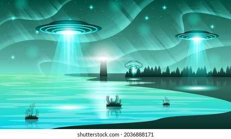 Abstract Aliens On Flying Saucers Northern Lights Lighthouse Mountains Water Tree Sun Background Gradient Unidentified Flying Object Ufo Stars Vector Design Style Landscape