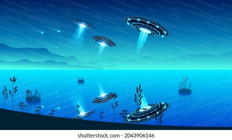 Abstract Aliens On Flying Saucers Mountains Reflect Water Bushes Background Gradient Unidentified Flying Object Ufo Stars Vector Design Style Landscape