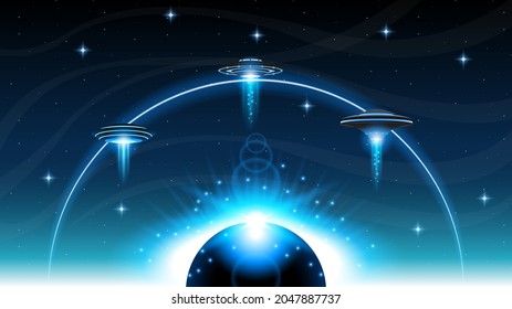 Abstract Aliens On Flying Saucers In Dark Space Planet Stars Background Gradient Unidentified Flying Object Ufo Stars Vector Design Style