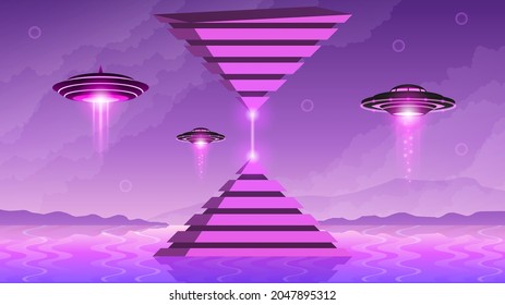 Abstract Aliens On Flying Saucers In Dark Space Pyramids Background Gradient Unidentified Flying Object Ufo Stars Vector Design Style