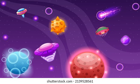 Abstract Aliens On Flying Saucers In Dark Space Planet Background Gradient Unidentified Flying Object Ufo Stars Vector Design Style