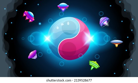 Abstract Aliens On Flying Saucers In Dark Space Planet Background Gradient Unidentified Flying Object Ufo Stars Vector Design Style